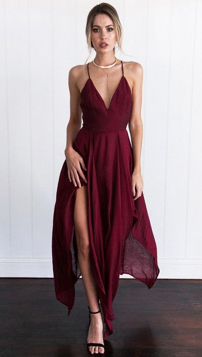 Charming Burgundy Prom Dress,spaghetti Straps Evening Dress,side Slit ...